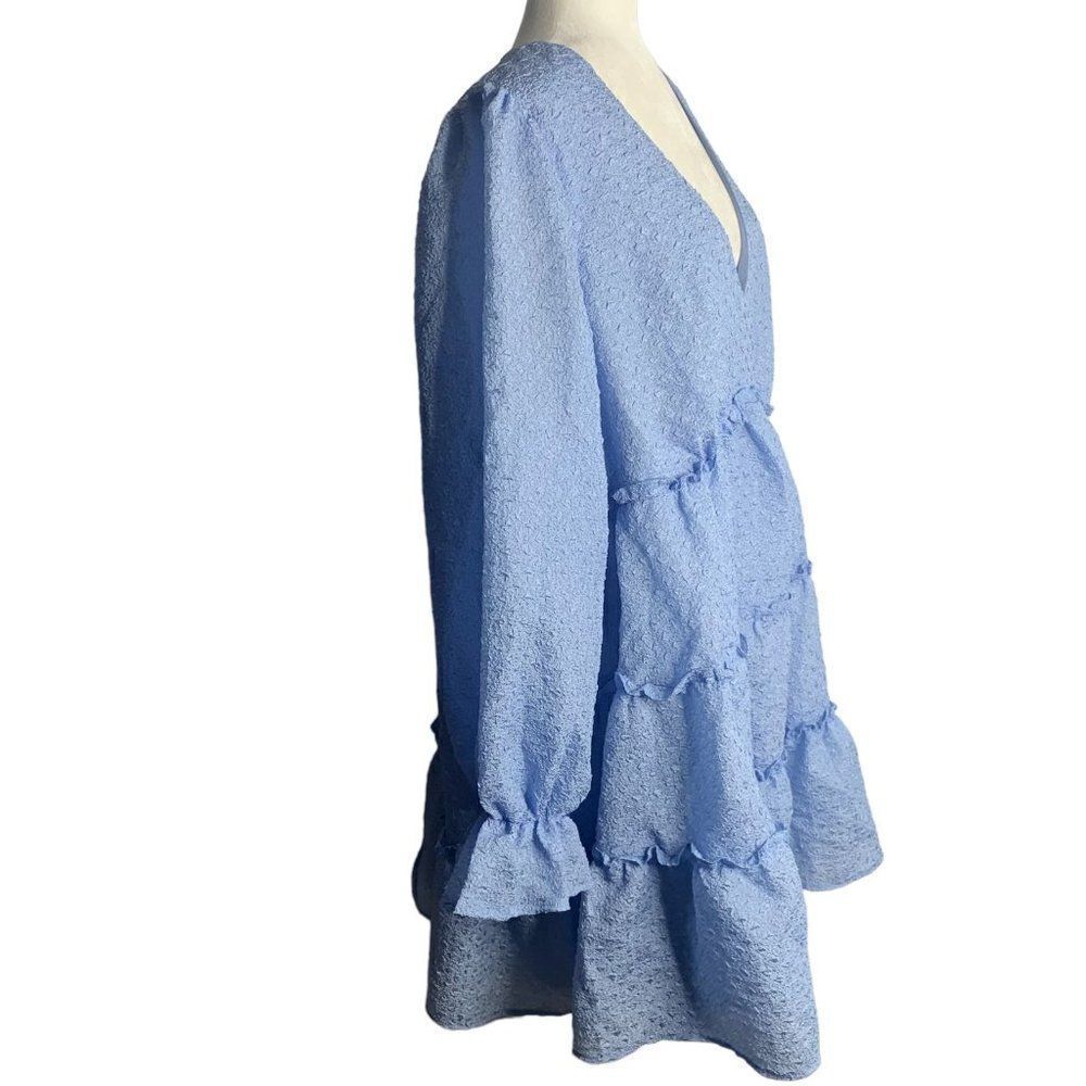 New Eloquii Crepe Tiered Mini Dress 20 Blue Lined Long Puff Sleeves V Neck - Picture 5 of 7
